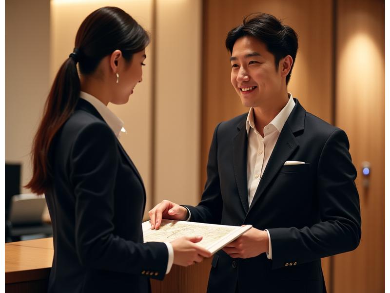 금호 스위트의 친절한 컨시어지 직원이 손님을 미소로 맞이하는 모습