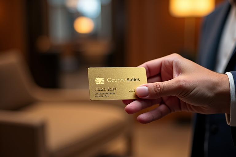 비즈니스 멤버십 카드를 보여주는 손과 고급스러운 호텔 로비