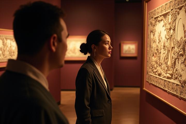 고급스러운 갤러리에서 VIP가 큐레이터와 예술 작품을 감상하는 모습