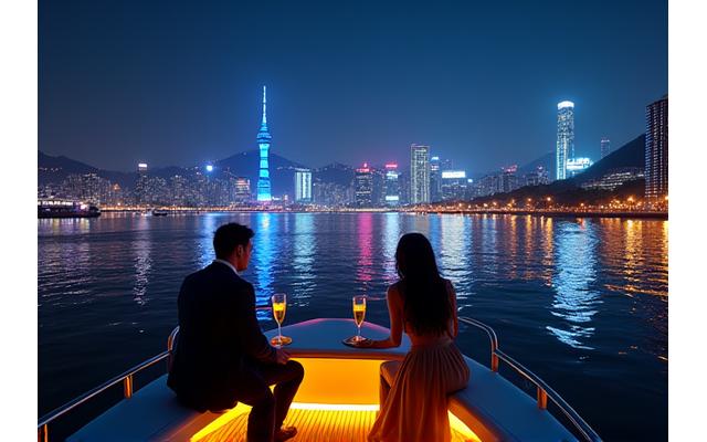 한강 위 프라이빗 요트에서 서울 야경을 바라보는 모습