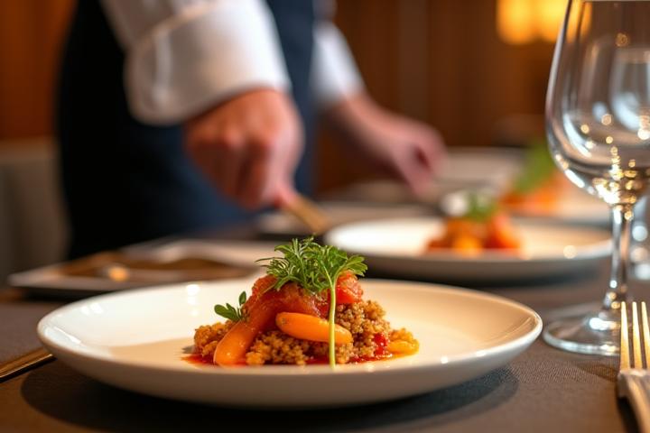 개인 셰프가 고급 식사를 객실에서 서빙하는 모습