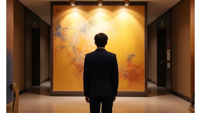 호텔 복도에 전시된 대형 추상화 작품과 그것을 감상하는 투숙객의 뒷모습