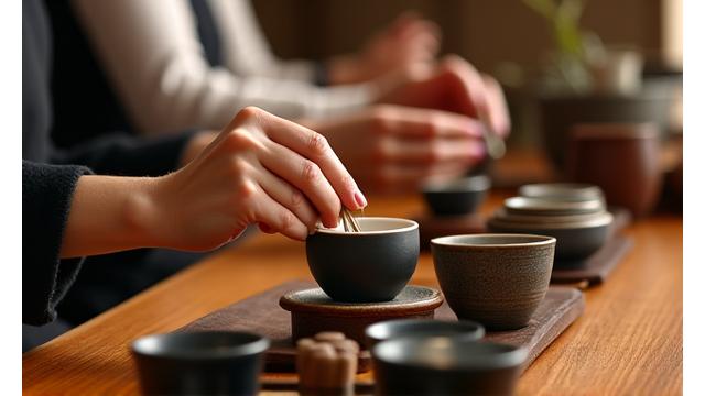 한복을 입은 참가자들이 호텔 안에서 전통 차를 마시며 다도 체험을 하는 모습