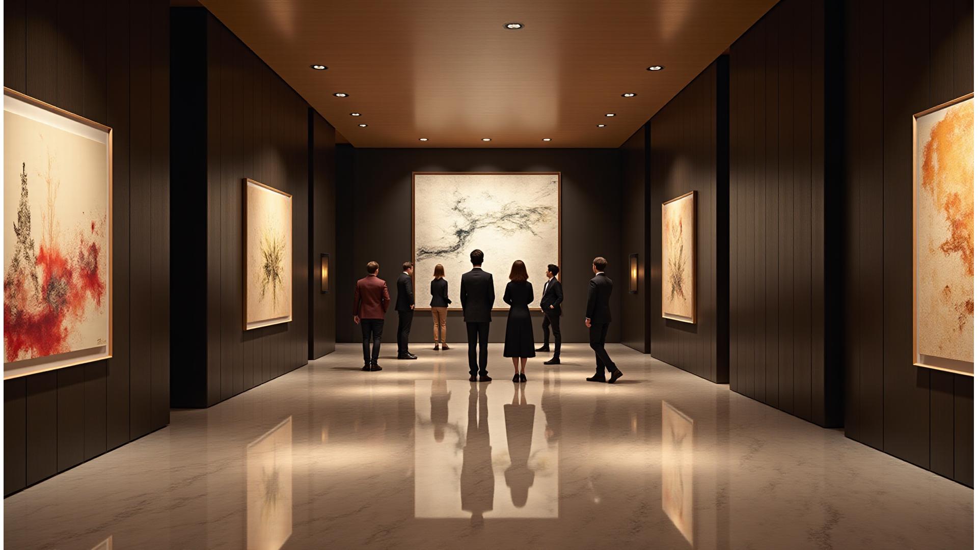 금호 스위트 호텔 로비에서 진행되는 현대 미술 전시회, 은은한 조명 아래 작품들이 돋보인다.