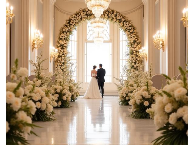 화려하게 장식된 호텔 웨딩홀에서 신랑 신부가 서 있는 모습