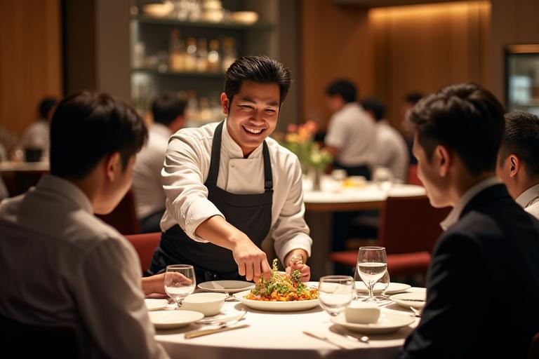 쉐프가 고객과 소통하며 요리를 설명하는 모습