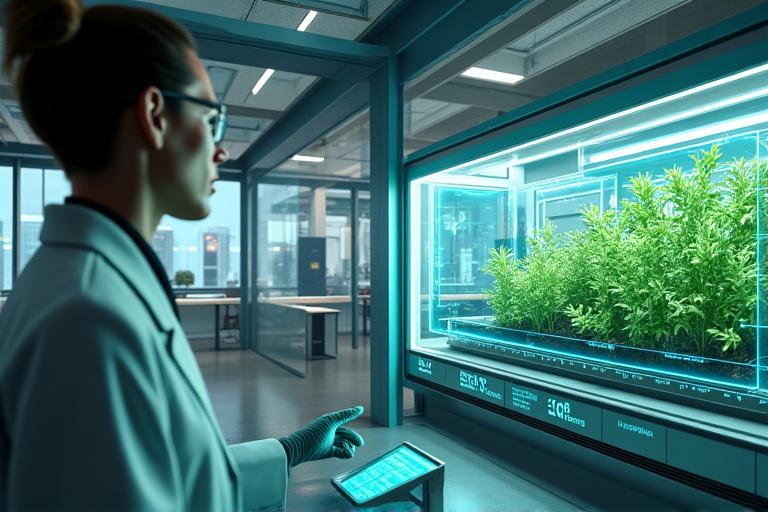 호텔 연구원이 친환경 에너지 기술을 연구하거나 수직 농장에서 식물을 재배하는 모습