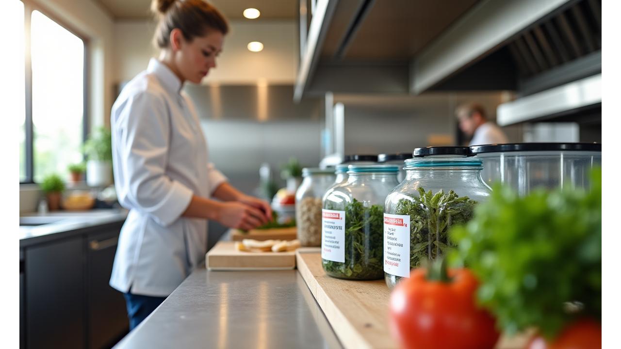 호텔 주방에서 친환경적인 방식으로 식자재를 분류하고 재활용하는 모습